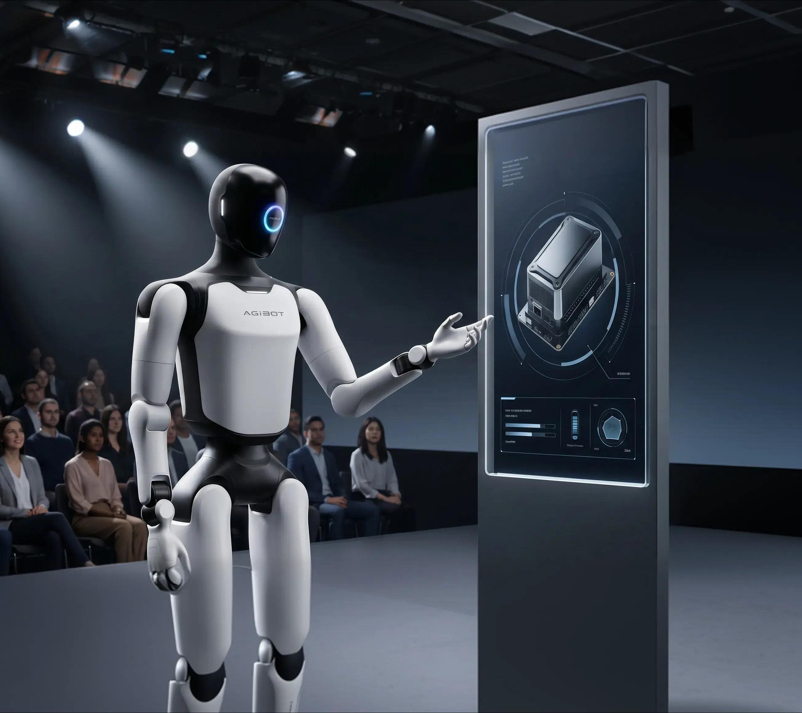 The A3 Humanoid Robot standing next to a vertical digital display kiosk, presenting to an audience during a corporate commercial performance.