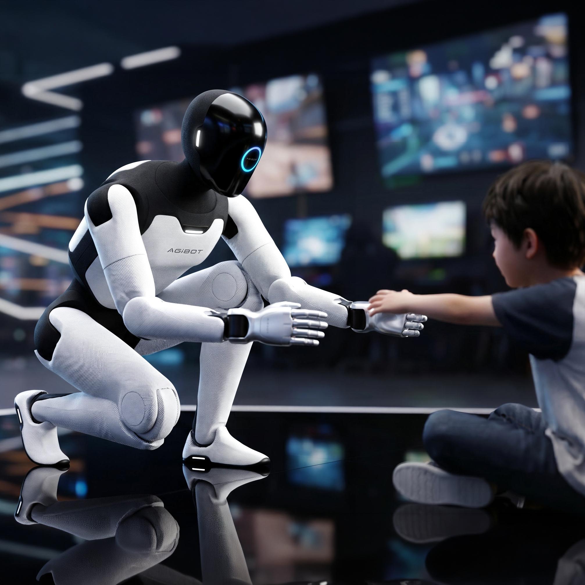 A crouching Bipedal A3 Humanoid Robot reaching out its hand to interact with a child in a high-tech entertainment setting.