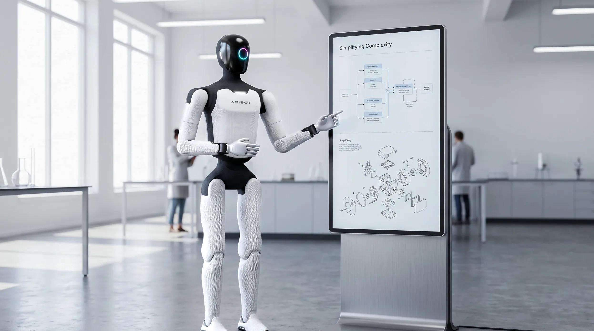 The A3 Humanoid Robot pointing at an architecture workflow diagram on a large white presentation board in a research lab or classroom environment.