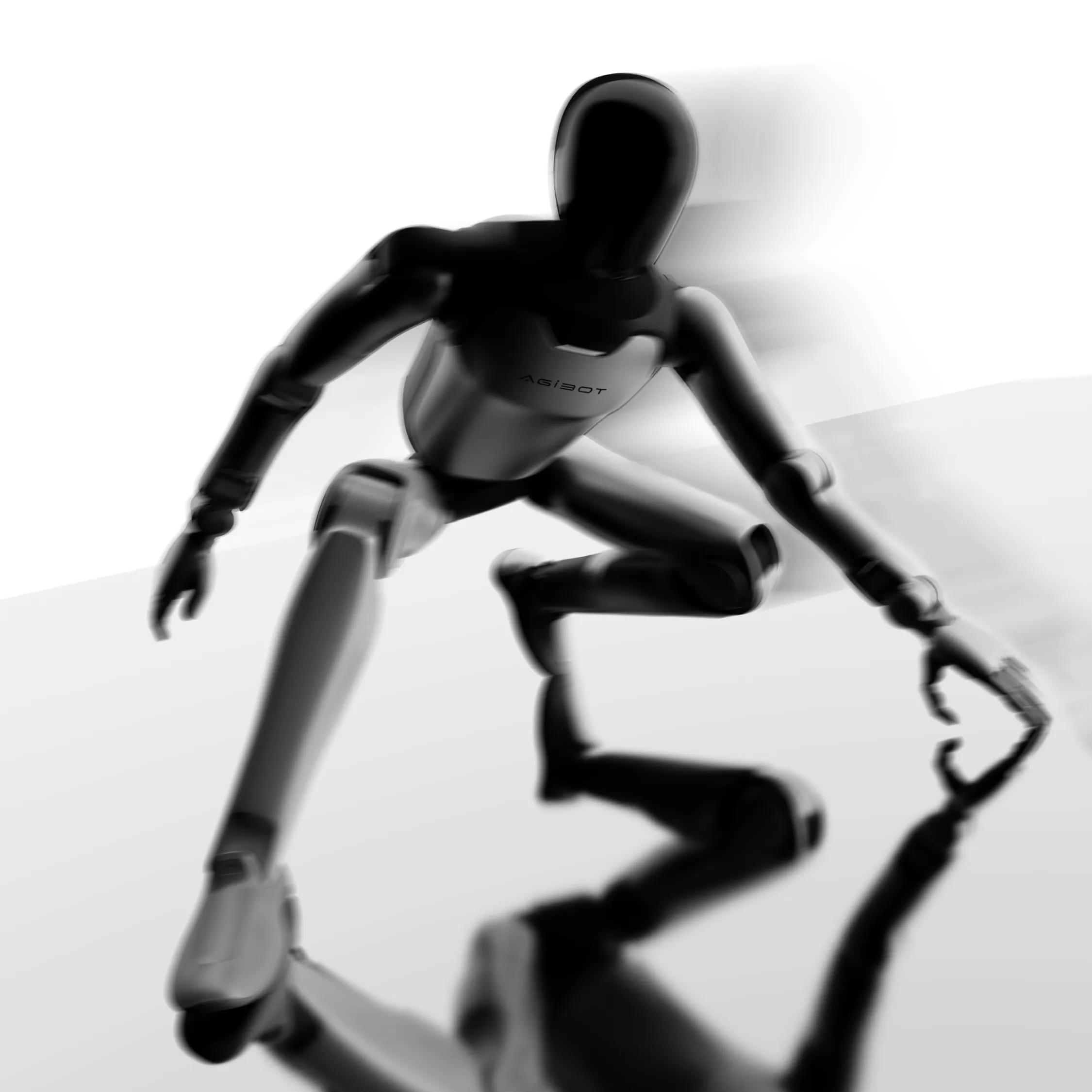 The A3 Humanoid Robot executing a low, athletic crouch pose on a highly reflective black surface to demonstrate its extreme agility and high power-to-weight joints.