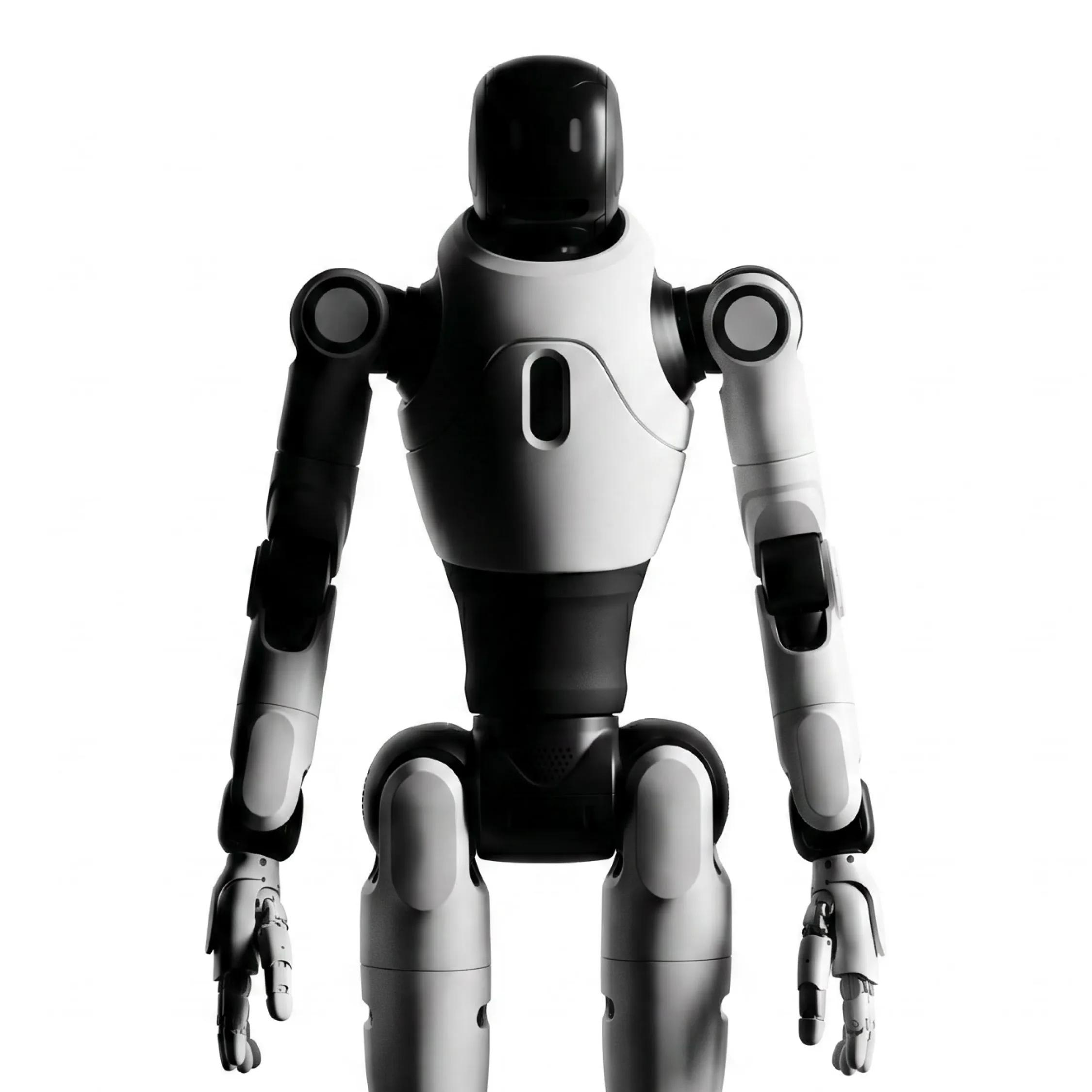 A front-facing upper-body studio shot of the X2 Ultra Humanoid Robot isolated on a white background, showcasing its sleek white chest plate, glossy black head dome, and highly detailed, multi-jointed robotic hands.