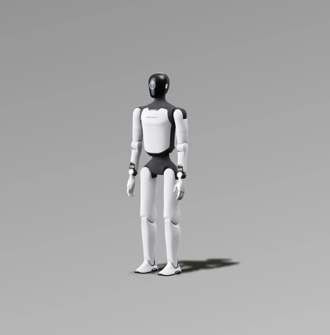 The A3 AgiBot, a new generation full-size humanoid AI robot featuring a sleek black-and-white minimalist design.
