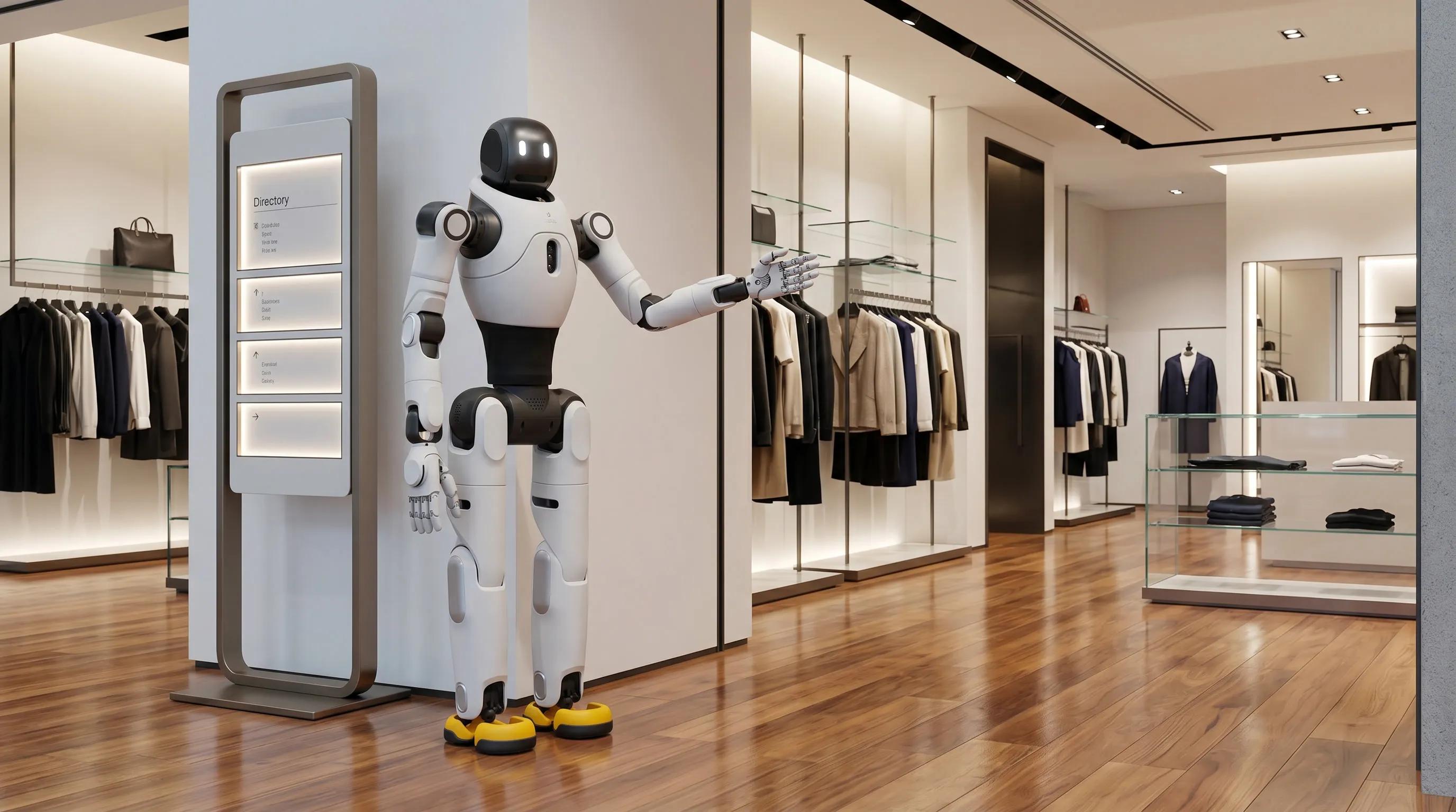 The X2 Ultra Humanoid Robot gesturing welcomingly inside a high-end luxury fashion retail boutique to assist shoppers.