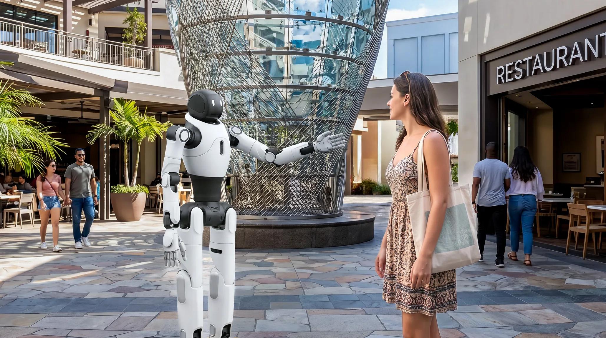 The bipedal X2 Ultra Humanoid Robot actively interacting and conversing with a woman outdoors in a modern public plaza.