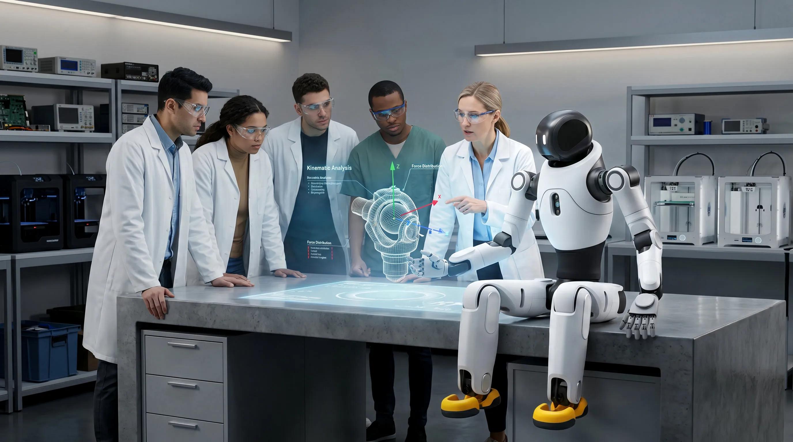 The X2 Ultra Humanoid Robot collaborating at a digital presentation table alongside a team of scientists and researchers in white lab coats.